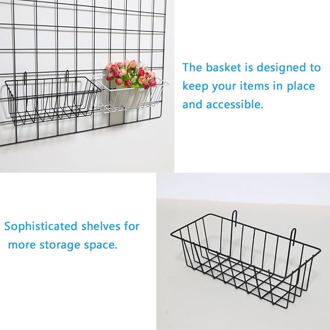 2 Pack Grid Panels Hanging Wire Basket Storage with Plastic Hooks for Gridwall Display Stand Wire Rack Wall Photo Grid Shelf Commercial Shop Retail Art Fair