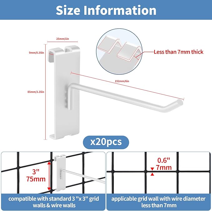 20Pcs Gridwall Hooks, Metal Grid Panel Hanging Peg Hooks, Grid Wall Accessory for Clothes Storage, Home Organization, Retail Display (White, 6"/15Cm)