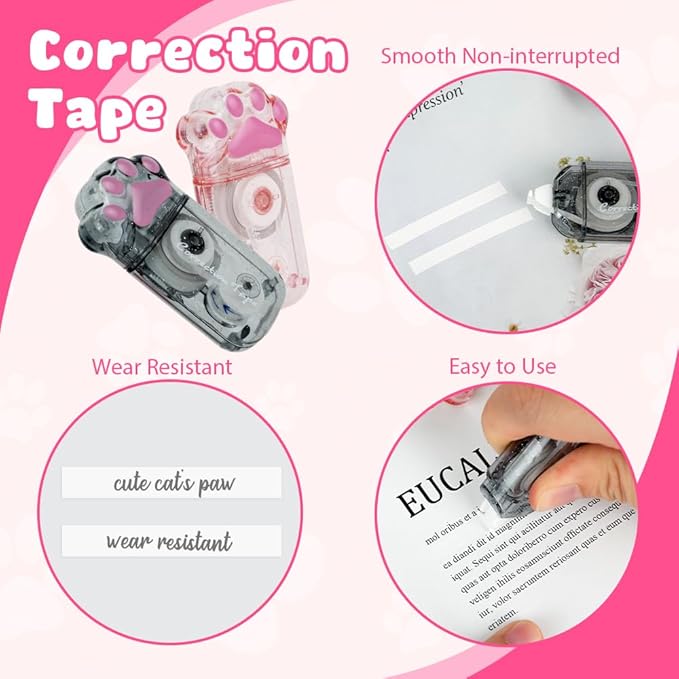 6 Pcs Cat Paw Stationery Set, Kawaii School Supplies, Including 2 Cute Pencil Sharpeners, 2 Retractable Eraser and 2 Correction Tape for Kids Office School Home (6Pcs)