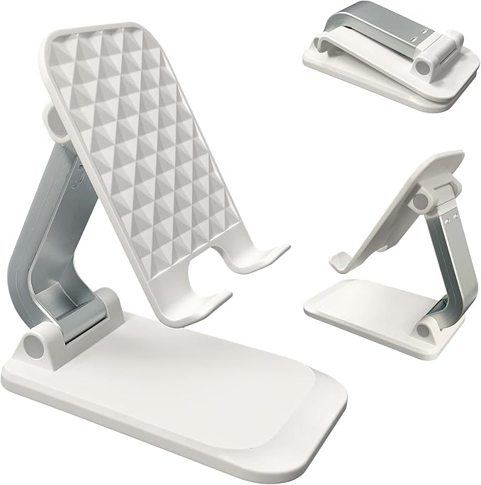 POQOD Foldable Cell Phone Stand for Desk, Fully Adjustable Phone Holder for Desk Compatible with iPhone 16 15 14 13 12 11, Nintendo Switch, All Phones, (New-White)