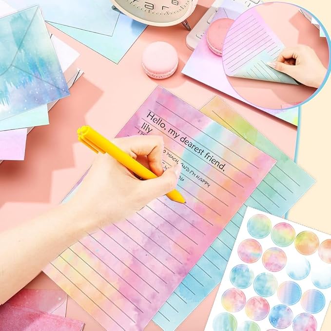 160 Packs Stationery Paper Set (50 Single-Sided Stationery Writing Papers 50 Matching Envelopes) 60 Round Dot Sticker, 10 Design Colorful Letter Paper Stationary Stes,5.5 x 8.25 Inch. (Watercolor)