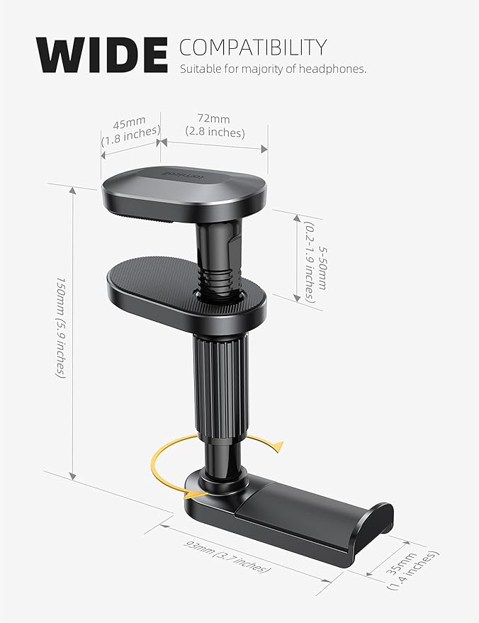 Lamicall Headphone Stand, Headset Holder - [2025 Upgarded] 360° Rotating Headphone Hanger, Earphone Holder Hook Mount Clamp Under Desk for Airpods Max, Sennheiser, More, Black