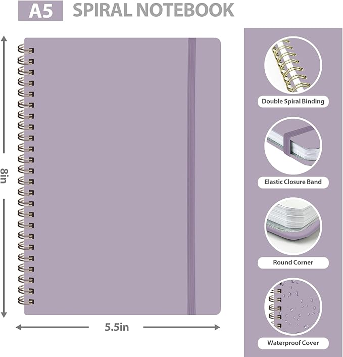 VALOME Journaling Notebooks, A5 Lined Spiral Notebook for Women & Men, 146 Pages College Ruled Hardcover Note Book for Work, Note Taking, Journaling, School, Writing (Purple)