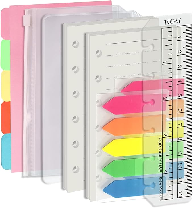 Harphia A7 6-Hole Binder Refill Value Set, 90-Sheet Rulled Line Loose Leaf Paper with Stickers and Dividers, Planner Inserts with Binder Pockets