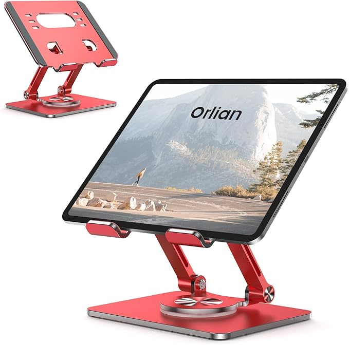 Tablet Stand Holder with Thickened 360°Rotating Base Dual Rod Adjustable Aluminum Stand for All 5.8-12.9” iPad Samsung Phone Tablet Kindle E-Reader and More, Red