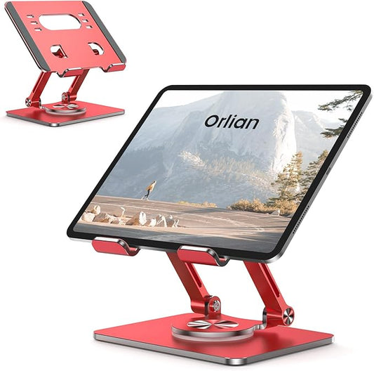 Tablet Stand Holder with Thickened 360°Rotating Base Dual Rod Adjustable Aluminum Stand for All 5.8-12.9” iPad Samsung Phone Tablet Kindle E-Reader and More, Red