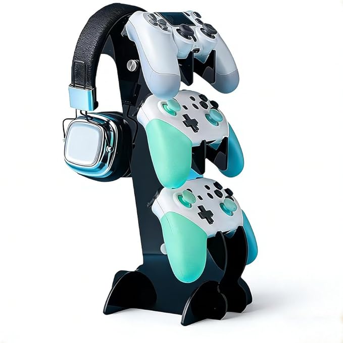 3-Tier Game Controller & Headphone Stand, Black Acrylic Storage Rack, Compatible with PS5/PS4/Xbox Series X/S/Switch Pro Controllers, Desktop Organizer for Gaming Accessories