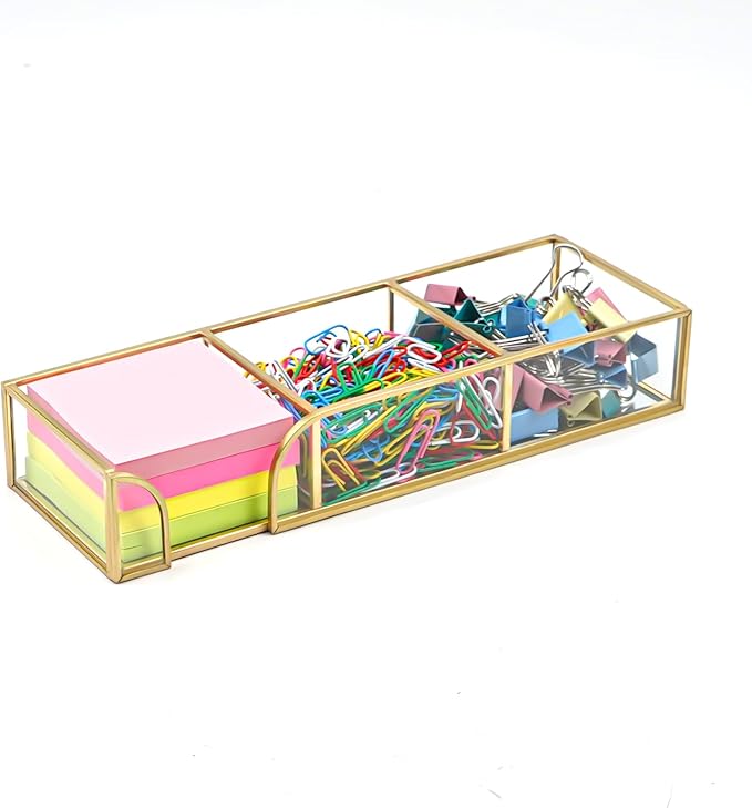 3 x 3 Inch Sticky Note Holder Gold Glass Post It Note Dispenser, 3 Slot Sticky Note Dispenser, Stylish Post It Holder for Home Office Desk Decor