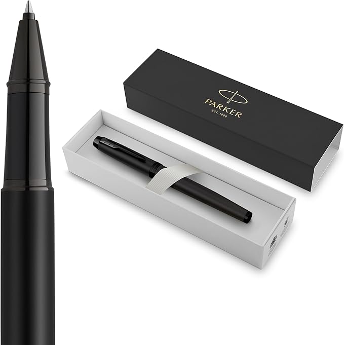 Parker IM Rollerball Pen, Fine Point, Matte Black with Black Trim, Black Ink Refill, Gift Box – Ideal for Smooth Writing, Students & Professionals
