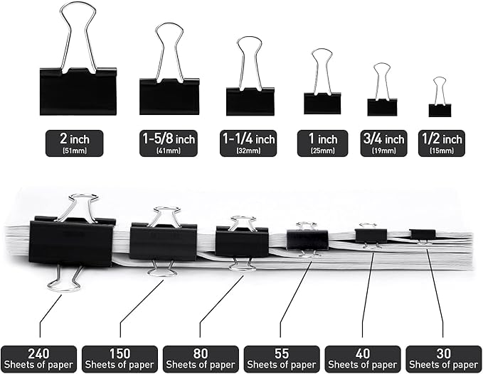 Office Binder Clips - 1 Inch, 72 Pack, Black, 0.47 Inch Capacity, Standard 25mm ClampsOffice Binder Clips - 1 Inch, 72 Pack, Black, 0.47 Inch Capacity, Standard 25mm Clamps