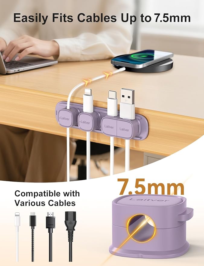 6 Pack Magnetic Cable Clips [1s Open/Lock], Laitver Cord Organizer Holder Strong Adhesive Desk Cable Management- Organize Charging Cords Neatly for Home, Office, Car,Desk, Nightstand-Purple
