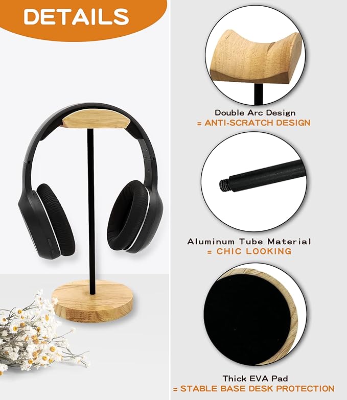 Headphone Stand Nature Wood & Aluminum Headset Hanger Mount Hook Gaming Holder Desktop Earphone Artful Functional Craftmanship Stand for All Headsets with Solid Wooden Base