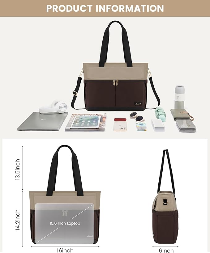 LOVEVOOK Laptop Bag for Women 15.6 Inch Canvas Laptop Large Capacity Work Bags Mutiple Pockets Teacher Bag Water Resistant Computer Bags for Business Travel Nurse, Apricot-coffee