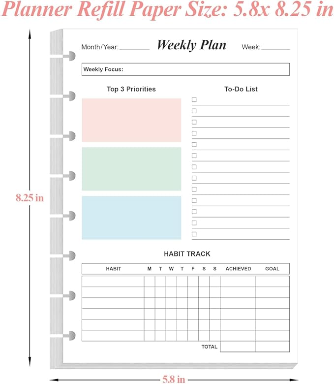 (2-Pack) Weekly Planner Undated Refills - Junior Size 106 Sheets/212 Pages Colorful Weekly Planner for 8-Disc Discbound, 100 gsm White Paper, Lasts 2 Year, Undated, 5.8" x 8.3"