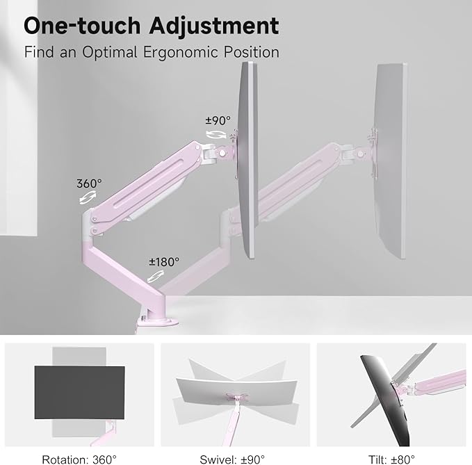 Suptek Monitor Mount Gas Spring Monitor Arm Desk Mount Fully Adjustable Fits 17 20 22 23 24 26 27 32 35 inch Monitors Weight Capacity up to 24.25 lbs, Pink