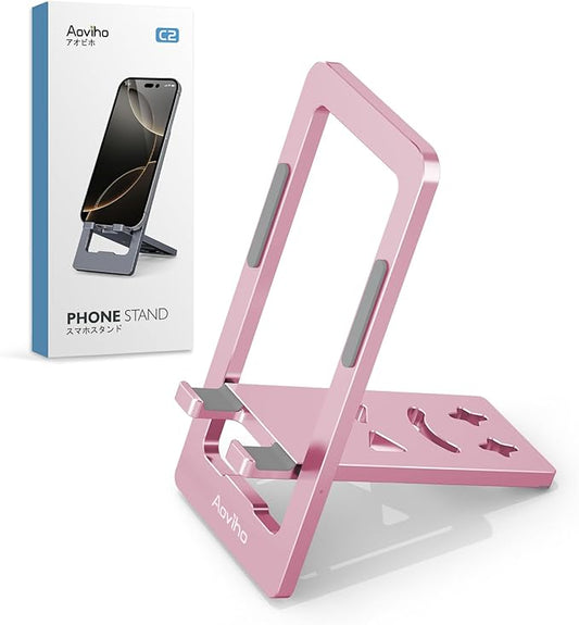Phone Stand for Desk, Ultra-Thin Foldable Aluminum Phone Holder, Portable Travel & Office Cell Phone Stand Compatible with iPhone 17 16 15 14 13 12 Pro Max, Fits 3.7"-7" Devices, Pink