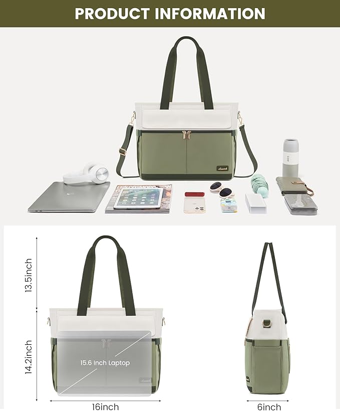 LOVEVOOK Laptop Bag for Women 15.6 Inch Canvas Laptop Large Capacity Work Bags Mutiple Pockets Teacher Bag Water Resistant Computer Bags for Business Travel Nurse, Green Beige