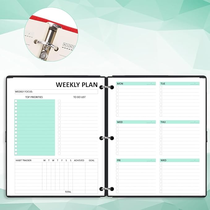 Letter Size Undated Weekly Planner Refills,53 Sheets/106 Pages Undated Colorful Weekly Planner,A4 Planner Inserts,3 Holes pouched,Weekly Plan (Left), Daily Details (Right), Lasts 1 Year, 8-1/2" x 11"