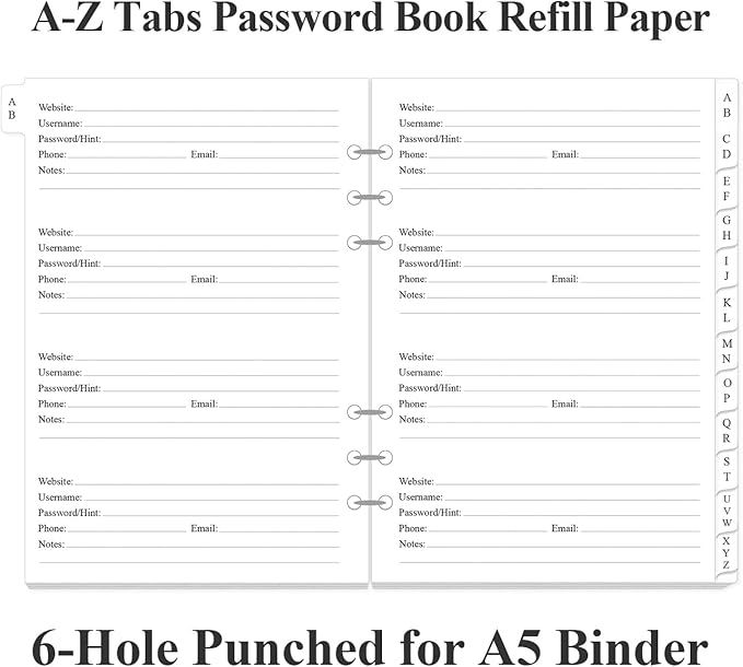 Password Book Refills for A5 Binder - A-Z Password Notebook Refill Paper with Alphabetical Tabs, 120gsm White Paper, 6-Hole Punehed, 5.8" x 8.3"