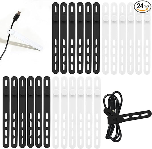 Donruby 24Pcs Silicone Cable Ties - Reusable & Washable with Locking Buckles, Adjustable Fastening Cable Management Straps, Multi-Purpose High Elasticity Cord Organizer (Black & White)