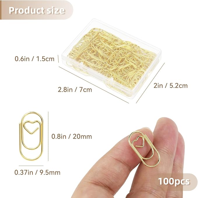 100 Pcs Love Heart Shaped Paper Clips, 0.78inch Cute Mini Paperclips for Office School Home Desk Organizers (Gold)