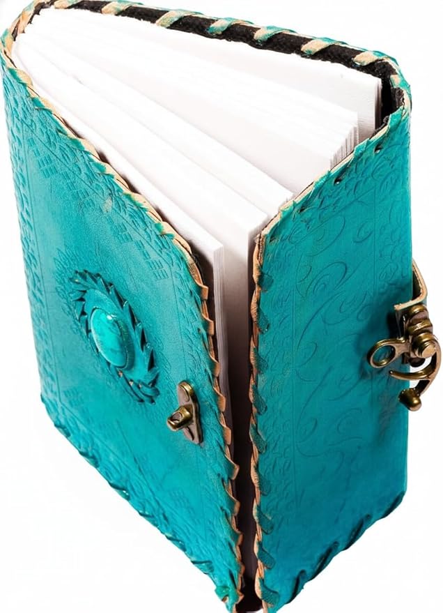 TUZECH Leather Journal Large Writing Notebook Handmade Bound Vintage Journal For Women & Men with Lock/Semi-Precious Stone Gift For Art Sketchbook (7 x 5 Inches)