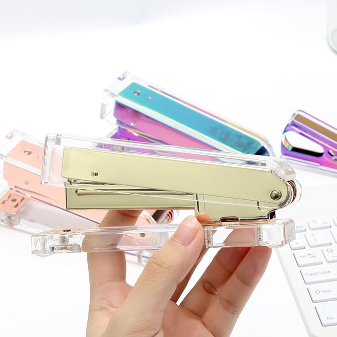 NatSumeBasics Clear Gold Stapler with 1000 Staples, Cute Stapler and 26/6 Staples for Desk Home School Office Stationery Supplies Accessories Decoration (Gold)
