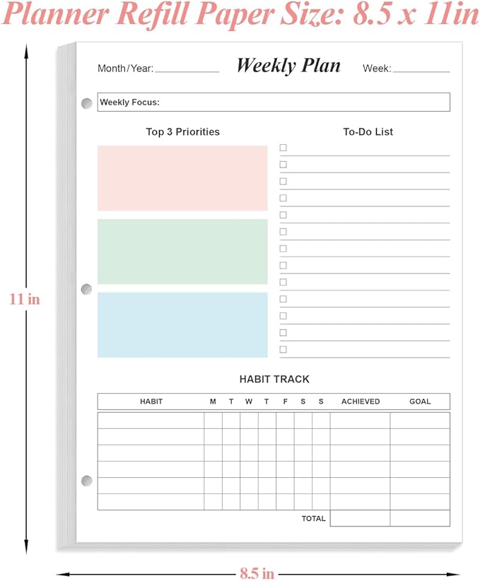 (2-Pack) 3-Hole Weekly Planner Refills - 106 Sheets/212 Pages Colorful Weekly Planner for 3 Ring Binders, 100 gsm White Paper, Lasts 2 Year, Undated, 8.5'' x 11''