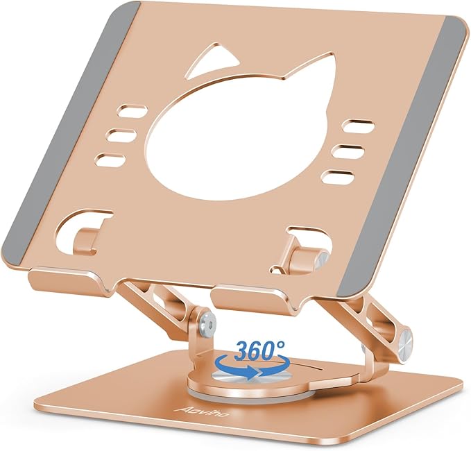 Tablet Stand 360° Rotating Aluminum Holder, Adjustable, Portable and Foldable Monitors Stand for iPads, Compatible with 4-12.9" Tablets, Golden