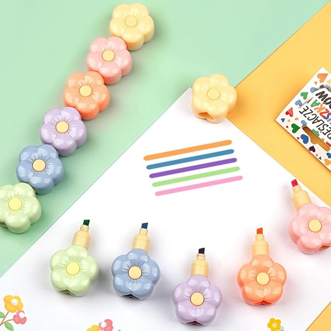 Set of 5 Cute Flower Color Highlighter Markers with 1 Cap, Multicolor Highlighter Pens for Office.
