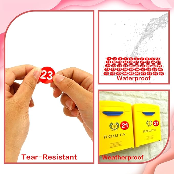 Number Stickers, Consecutive Number Stickers 1-50, 10 Sheets Round Numbers Labels, Red Small Number Sticker Vinyl Numbers Decals for Office, Classroom, Storage, Inventory, Indoor, Outdoor, 1 inch