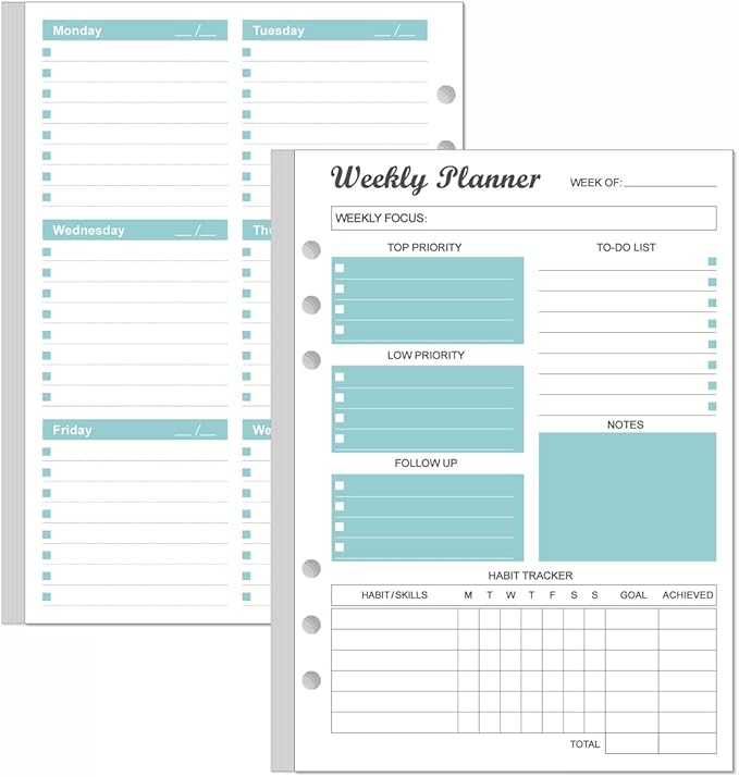 6-Hole Weekly Planner Refills for A5 Binders - 53 Sheets/106 Pages Undated Weekly Planner, 100 gsm White Paper, Lasts 1 Year, Undated, 5.8" x 8.3", Teal