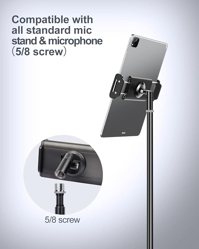elitehood Aluminum iPad Holder for Mic Stand, Side Mount iPad Music Stand Holder for Microphone, 360° Swivel Tilt Adjustable Mic Tablet Mount for 4-13in iPhone, Cell Phones and Tablets