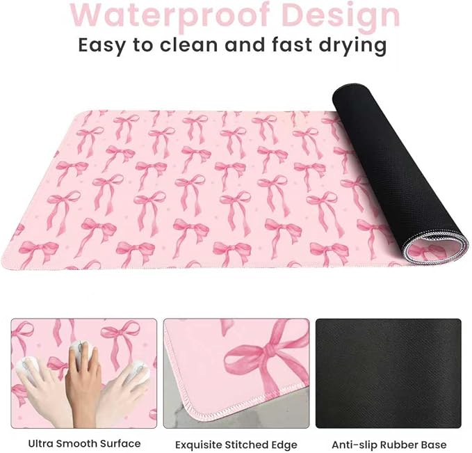 Large Pink Mouse Pad with Bows, 35.4 x 15.7in Full Desk Mat Pink Keyboard Mat Cute Computer Mouse Pad Home Office Supplies Accessories, Non-Slip Rubber Base Extra Large Gaming Mousepad, Girly Décor