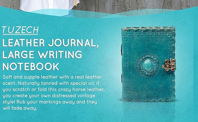 TUZECH Leather Journal Large Writing Notebook Handmade Bound Vintage Journal For Women & Men with Lock/Semi-Precious Stone Gift For Art Sketchbook (7 x 5 Inches)