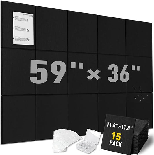 MAXECHO Large Cork Board for Wall 59" × 36", Black Bulletin Board, 15 Pack Felt Wall Tiles with Pushpins for Office Corkboard Tack Board Push Pin Board Felt Board