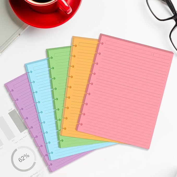 (4-Pack) 9-Disc Discbound 5 Colorful Line Paper Pre-punched Happy Planners Inserts, 400Sheets/800Pages Classic Size Line Loose-Leaf Paper, Per Color 80 Sheets, 7" x 9.25"