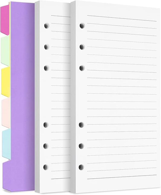 A6 Refill Paper Planner Inserts, 6-Hole Loose Leaf Paper, College Ruled Loose Leaf with Binder Dividers, Punched Notebook Refills for 6-Ring Refillable Binder, 240 Pages, White