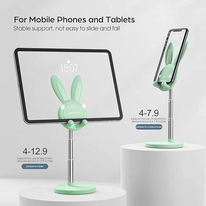 OATSBASF Cute Cell Phone Stand, Adjustable Bunny Phone Stand for Desk, Thick Case Friendly Holder Compatible with iPhone, Kindle, iPad, Switch, All Phones (Green)