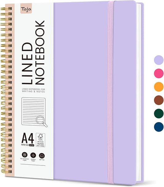 Taja Spiral Lined Notebook, 8.5"x11" Notebooks for Work, Large A4 Journal for Women & Men, College Ruled Journaling Notebook for Writing, Plastic Cover Spiral Journal, Lavender