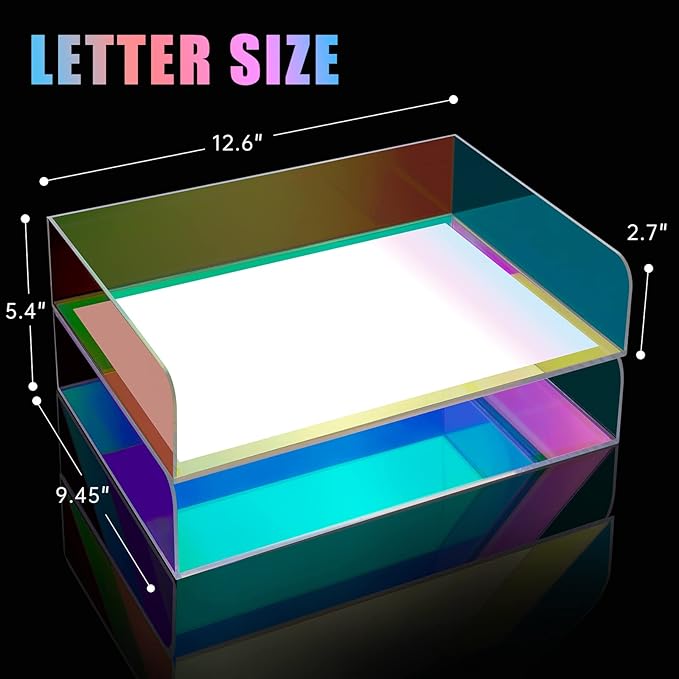 Acrylic Letter Tray 2-Tier Iridescent Stackable Desk Paper Tray Organizer and Office Accessories Supplies, Rainbow Letter Size Desk Accessories Storage Organization (Portrait)
