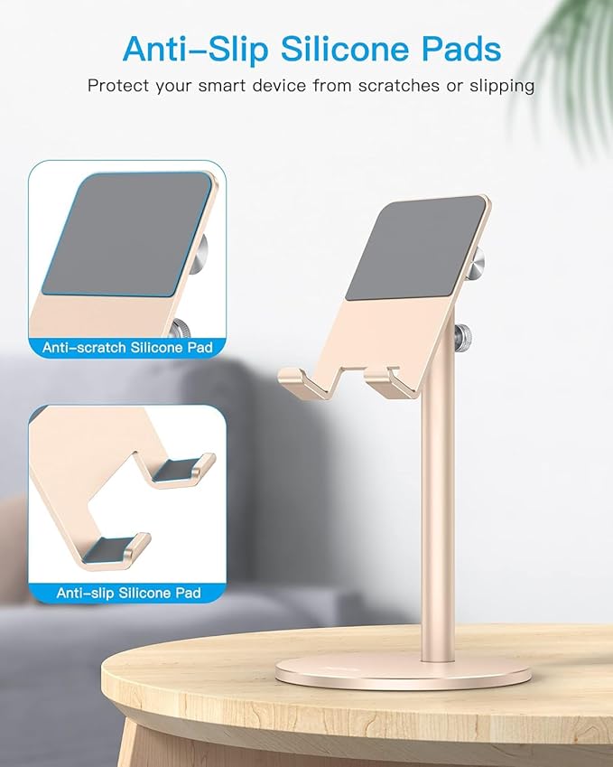 OMOTON Cell Phone Stand, Angle Height Adjustable Phone Stand, Aluminum Desktop Phone Holder Dock Stand for Desk, Compatible with iPhone 17 Pro Max, All Smartphones and Tablets(4-11''),Gold