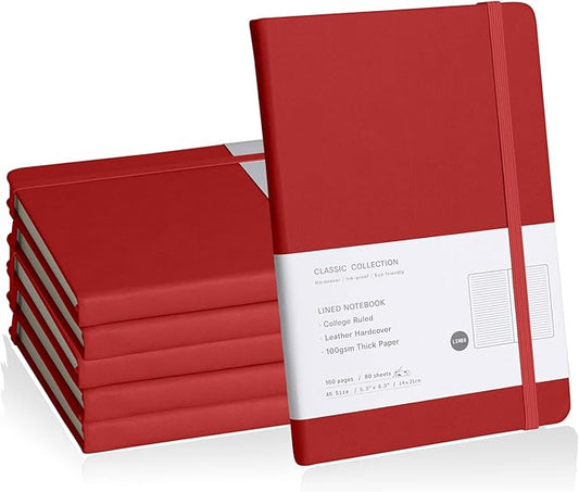 Lined Journal Notebook, 6Pack Hardcover Notebook for Men & Women – Journals for Writing, Work, School, Home & Daily Notes, 160 Pages – Medium A5, 5.7"x8", 100 gsm Thick Paper (Red)