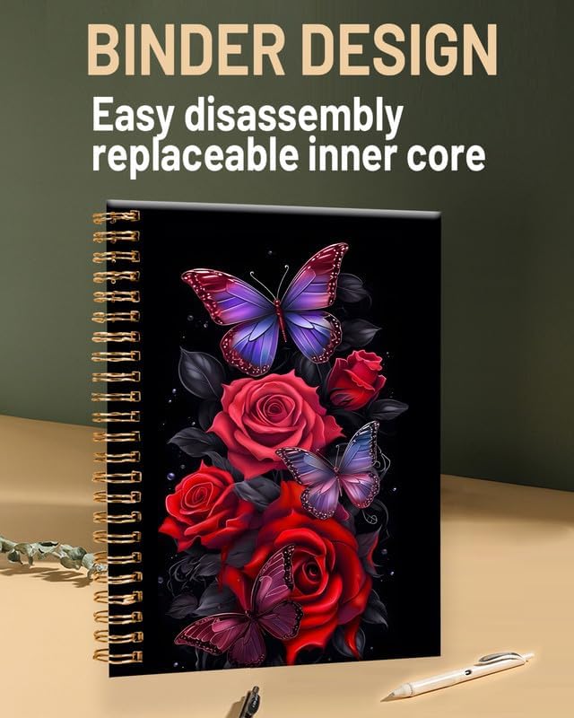 Spiral Journal Notebook for Women,A5 College Ruled Notebooks 6"x 8.4", 120 Pages (60 Sheets) Lined Journal with Premium Thick Paper,Perfect for School Office Home(Red Butterfly Rose Floral)