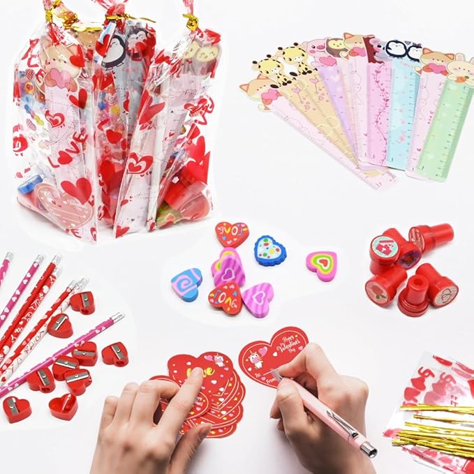 UMEELR 28 Pack Valentines Day Cards Stationery Set, Valentines Day Gifts with Pencil Cards Stamper Eraser Ruler Sharpener Gift Bag for Kids Valentine's Classroom Prize Valentine Gifts Exchange