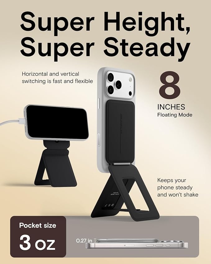 MOFT Phone Stand, Magnetic Phone Tripod Stand Stain-Resistant MOVAS Leather & Angle Adjustment & Strong Magnets Tripod for iPhone 17/16/15/14/13/12 (Included Metal Ring)-Jet Black