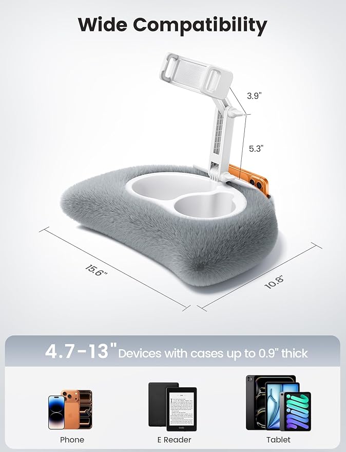 Lamicall Tablet Pillow Stand Holder - [Food-Grade Bowl][Soft & Fluffy] Lap Kindle Holder w/Adjustable Arm, Kindle Accessories for Reading in Bed, iPad Stand Gifts for 4.7-13" Tablet, E-Reader, iPhone