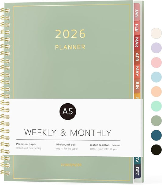 2026 Planner, Forvencer Calendar Planner Weekly and Monthly (Jan 2026-Dec 2026), 6" X 8", Agenda Book, Daily Journal Notebook with Tabs, Flexible Cover, Home School Organizer, A5, Green