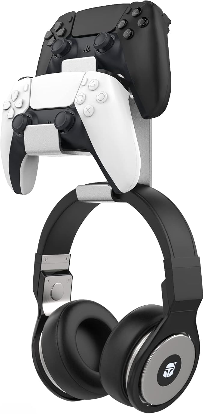 Moko Controller Holder Dual Gamepad Controller & Headphone Hanger Compatible with Xbox One, Xbox 360, PS3, PS4, PS5, PC, STEAM, Switch/Switch 2, Wall Mount Stand for All Universal Headsets, Silver