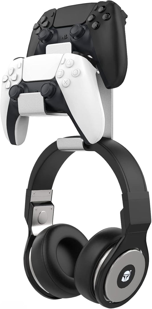 Moko Controller Holder Dual Gamepad Controller & Headphone Hanger Compatible with Xbox One, Xbox 360, PS3, PS4, PS5, PC, STEAM, Switch/Switch 2, Wall Mount Stand for All Universal Headsets, Silver